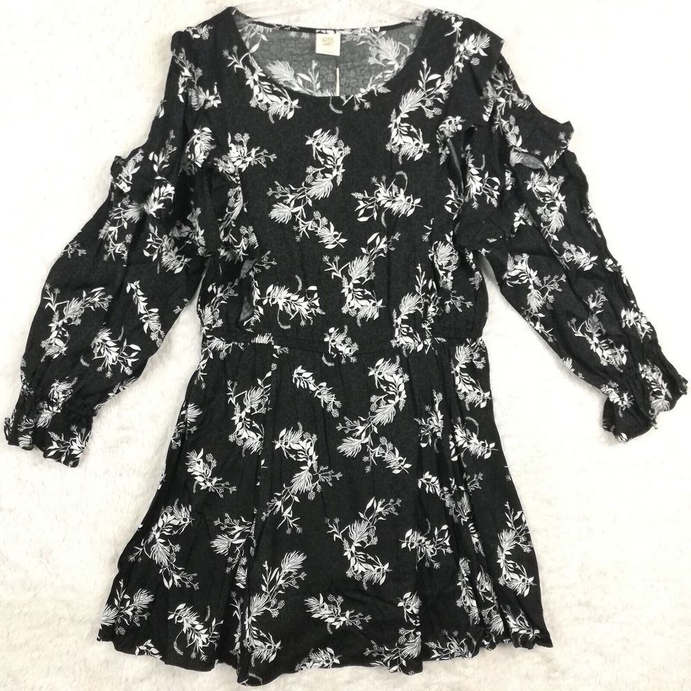 Good Hart Womens‎ Dress Shift Ruffled Black Floral Print Above Knee L New